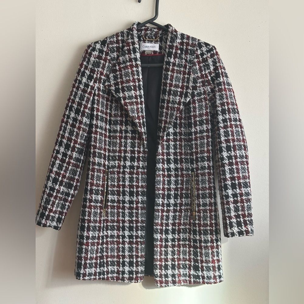 Calvin Klein Women’s Black, White, and Red Plaid Blazer Jacket Size 2